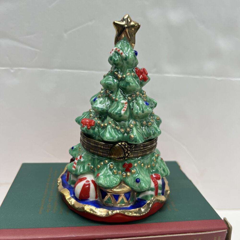 Christmas Tree Hinged Trinket Box Ceramic w/ Metal Closure Star Gifts